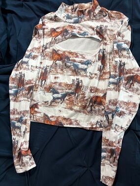 Horse Print Cutout Long Sleeve Top - Multi Brown/Blue